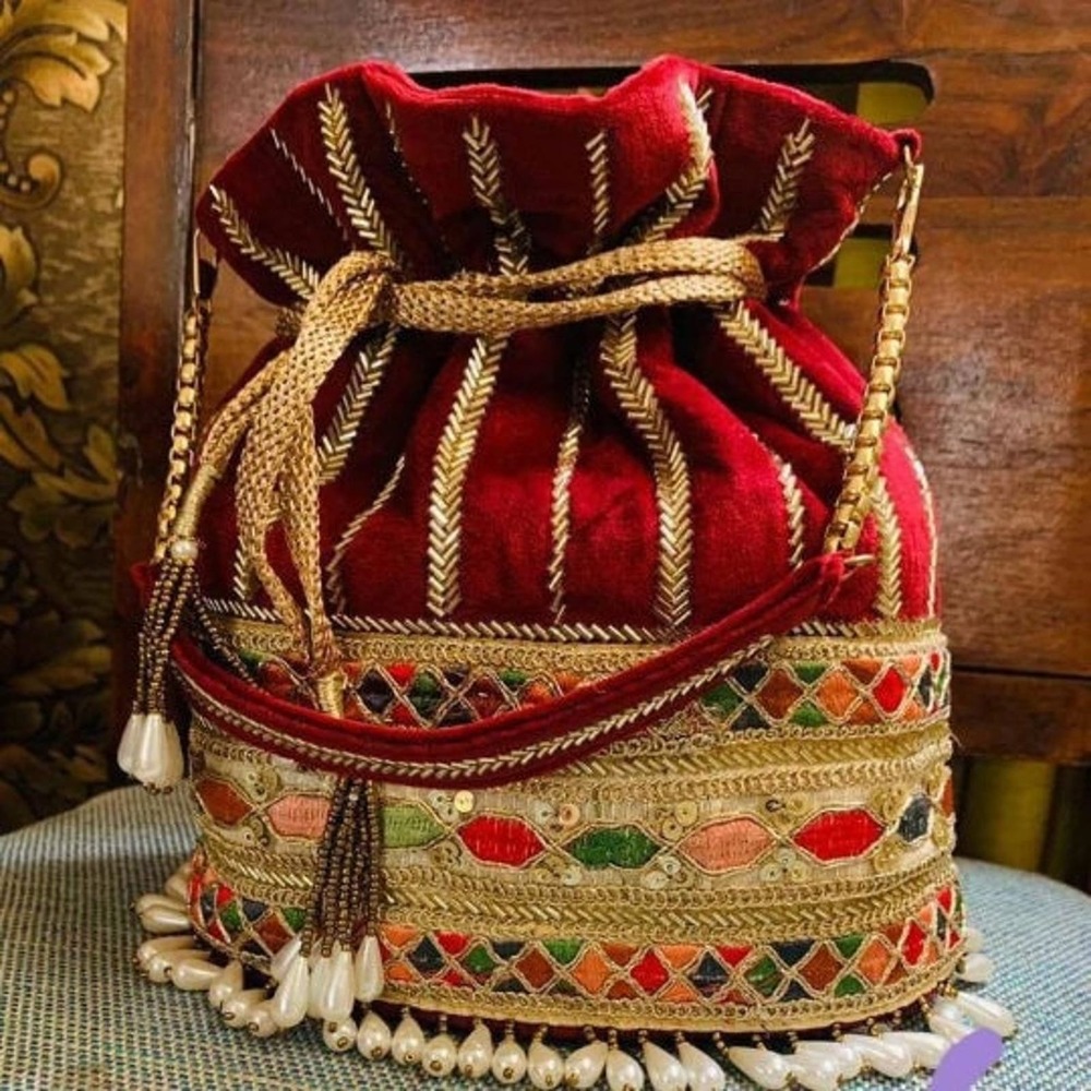 NWT Maroon red zardozi embroidered potli purse beaded bridal clutch for wedding